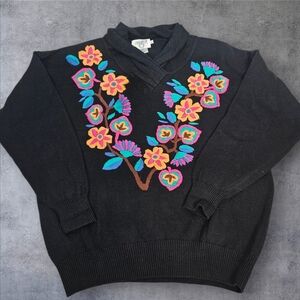 Vintage 80s Cervelle Shawl Collar Colorful Embroidered Sweater Size XL Women U27